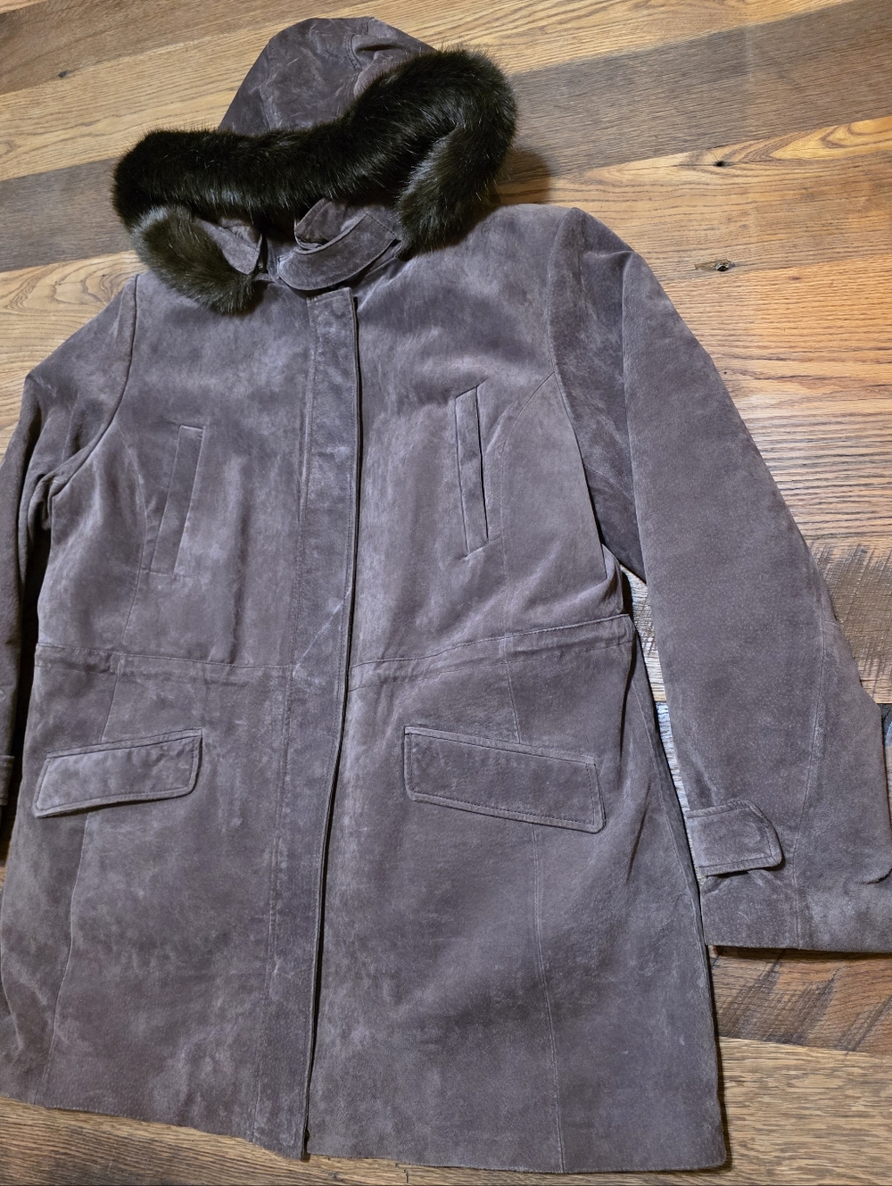 BGSD Women's Hooded Genuine Suede Leather Coat with Fur Trim - Taupe 1X